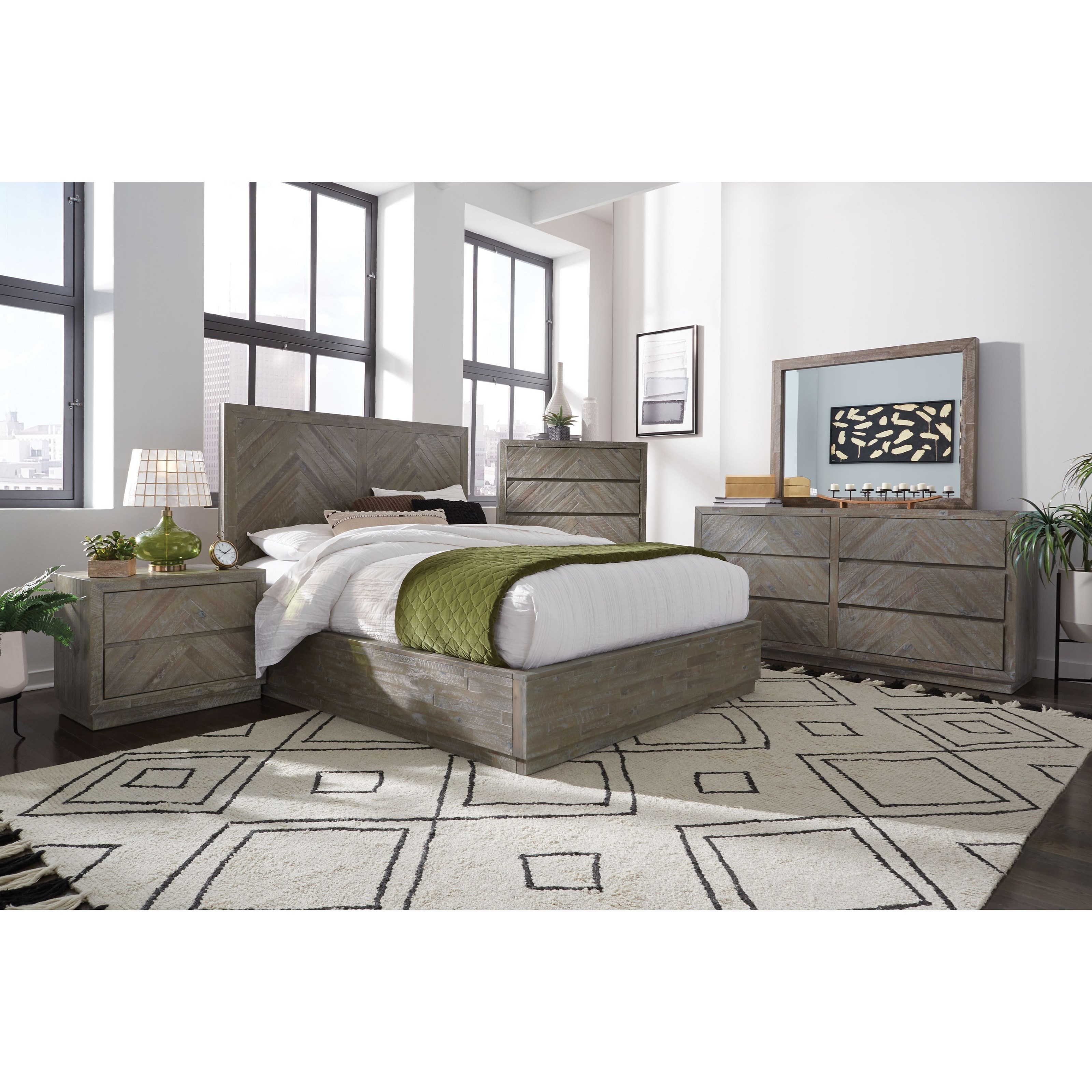 Herringbone 5QS3H5 Contemporary Queen Platform Bed in Rustic Latte
